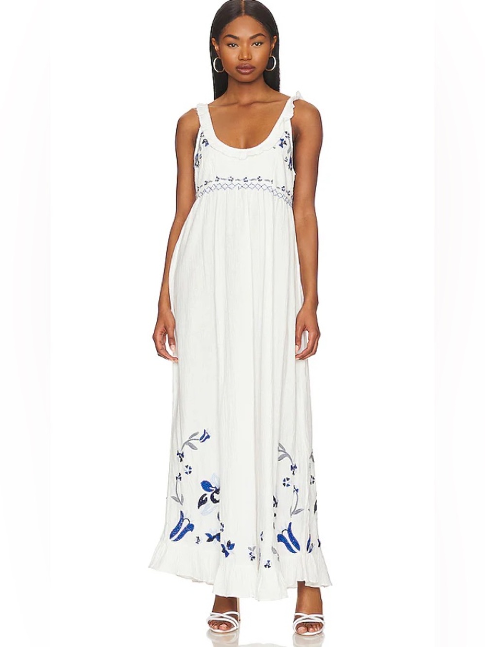 Free People Magda White Embroidered Floral Cotton Maxi Dress Size Small